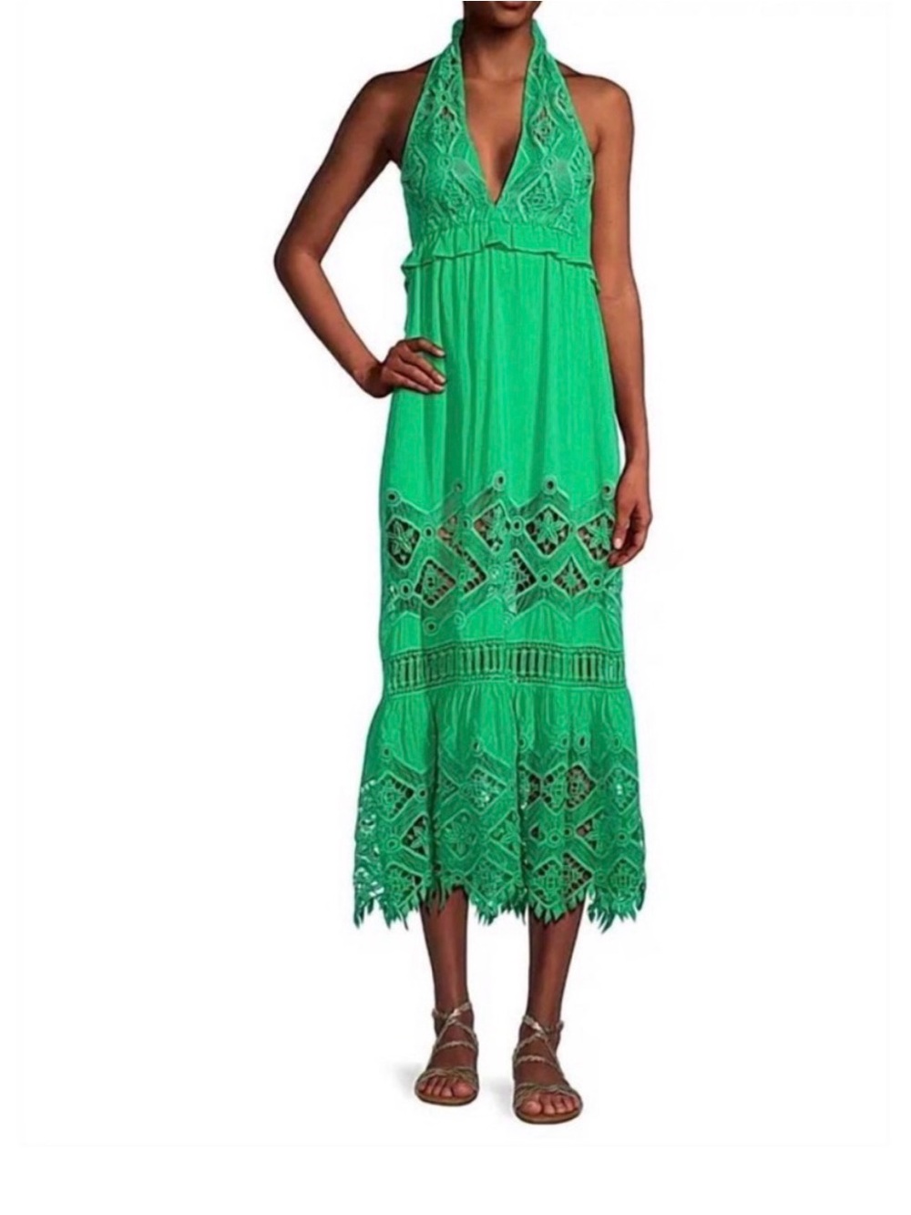 Ramy Brook Kenna Green Embroidered Halter Maxi Dress